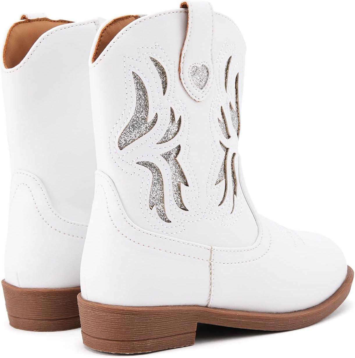 imageBMCiTYBM Toddler Little Girls Cowboy Cowgirl Boots Kids Pointed Toe Western Boots Mid Calf Side Zipper Riding Shoes for All Seasons ToddlerLittle KidA1white