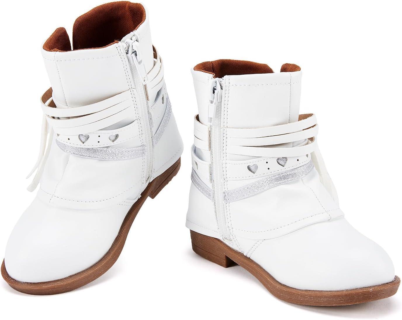 imageBMCiTYBM Toddler Little Girls Cowboy Cowgirl Boots Kids Pointed Toe Western Boots Mid Calf Side Zipper Riding Shoes for All Seasons ToddlerLittle KidA2white