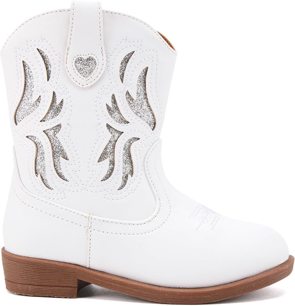 imageBMCiTYBM Toddler Little Girls Cowboy Cowgirl Boots Kids Pointed Toe Western Boots Mid Calf Side Zipper Riding Shoes for All Seasons ToddlerLittle KidA1white