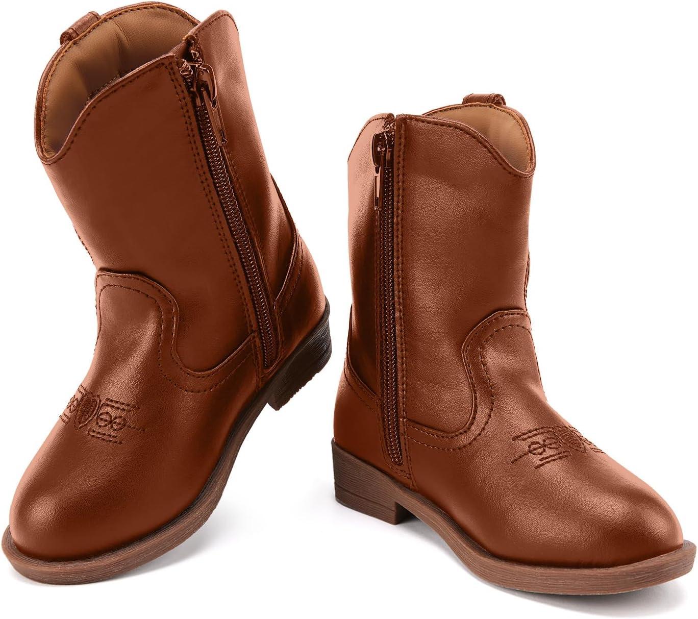 imageBMCiTYBM Toddler Little Girls Cowboy Cowgirl Boots Kids Pointed Toe Western Boots Mid Calf Side Zipper Riding Shoes for All Seasons ToddlerLittle KidA1brown