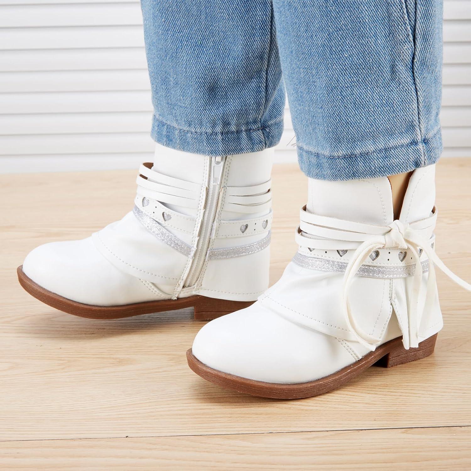 imageBMCiTYBM Toddler Little Girls Cowboy Cowgirl Boots Kids Pointed Toe Western Boots Mid Calf Side Zipper Riding Shoes for All Seasons ToddlerLittle KidA2white