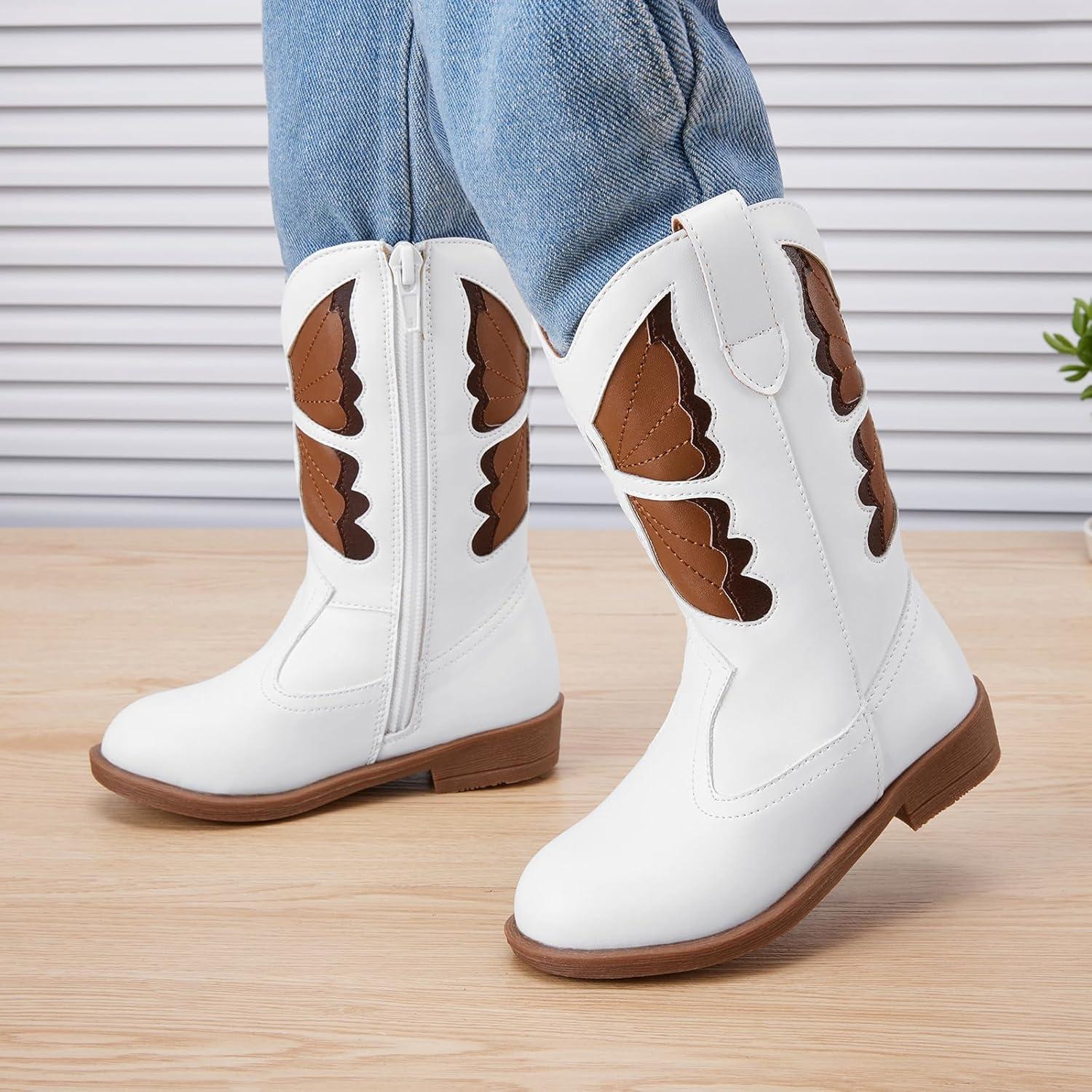 imageBMCiTYBM Toddler Little Girls Cowboy Cowgirl Boots Kids Pointed Toe Western Boots Mid Calf Side Zipper Riding Shoes for All Seasons ToddlerLittle KidA3white