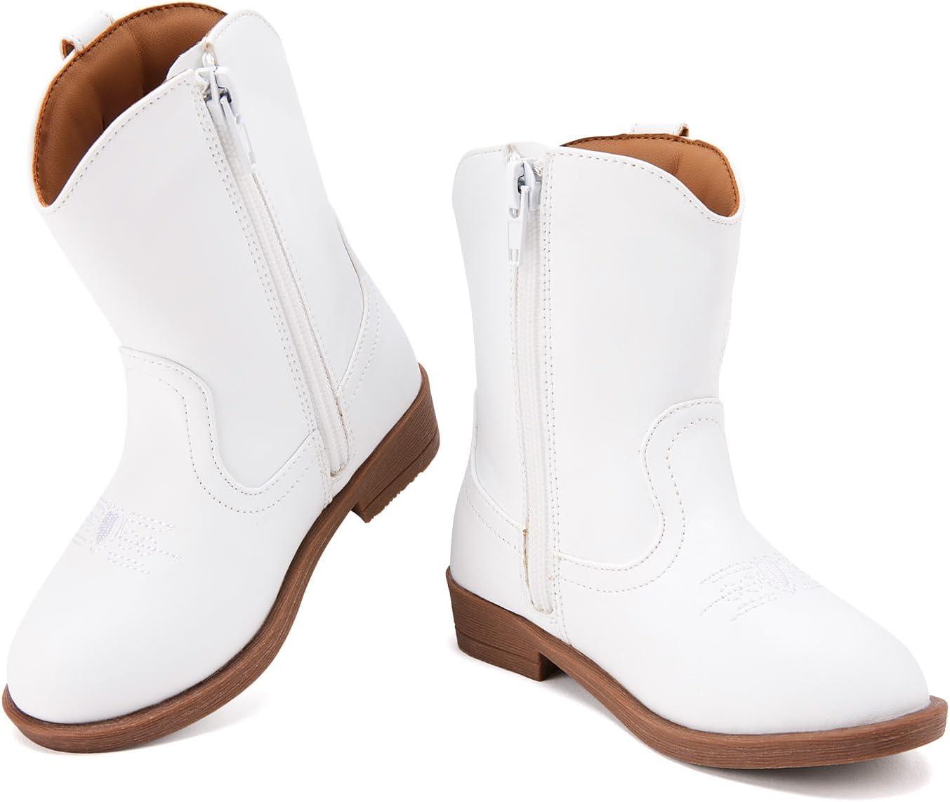 imageBMCiTYBM Toddler Little Girls Cowboy Cowgirl Boots Kids Pointed Toe Western Boots Mid Calf Side Zipper Riding Shoes for All Seasons ToddlerLittle KidA1white