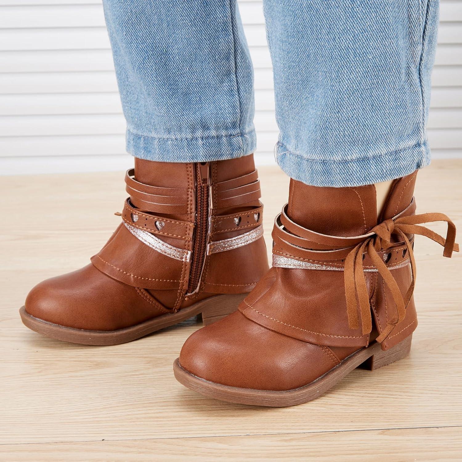 imageBMCiTYBM Toddler Little Girls Cowboy Cowgirl Boots Kids Pointed Toe Western Boots Mid Calf Side Zipper Riding Shoes for All Seasons ToddlerLittle KidA2brown