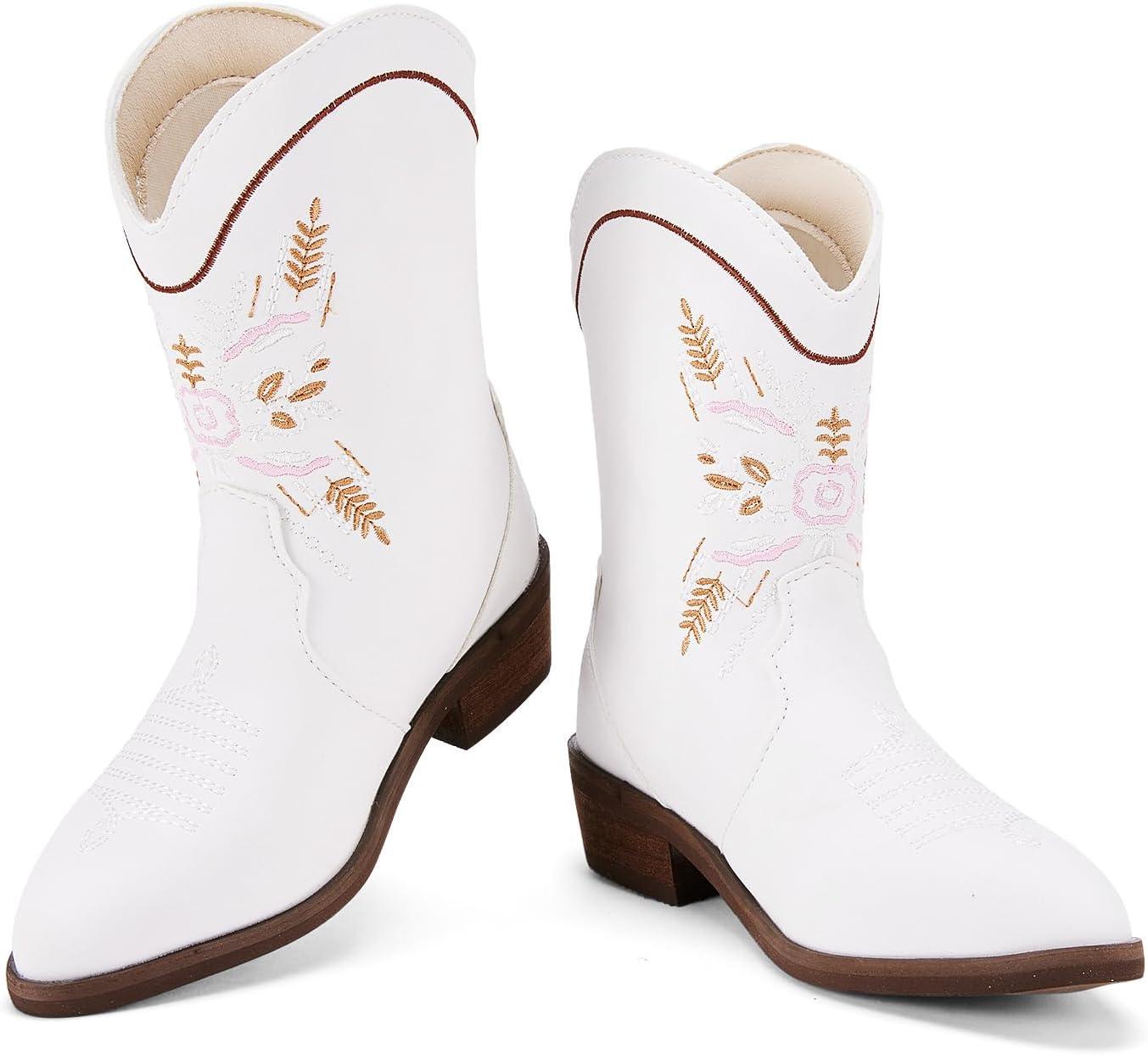 imageBMCiTYBM Toddler Little Girls Cowboy Cowgirl Boots Kids Pointed Toe Western Boots Mid Calf Side Zipper Riding Shoes for All Seasons ToddlerLittle KidBwhite