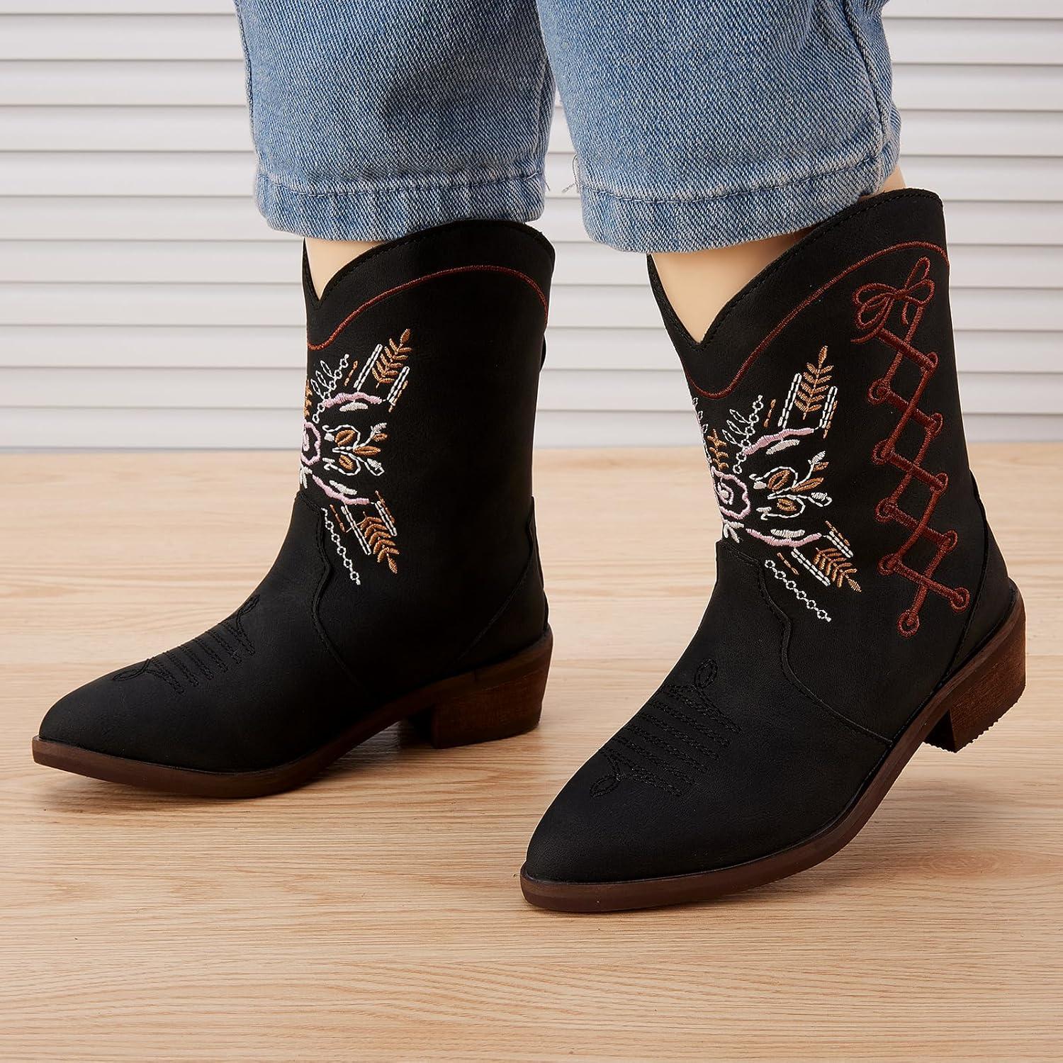imageBMCiTYBM Toddler Little Girls Cowboy Cowgirl Boots Kids Pointed Toe Western Boots Mid Calf Side Zipper Riding Shoes for All Seasons ToddlerLittle KidBblack