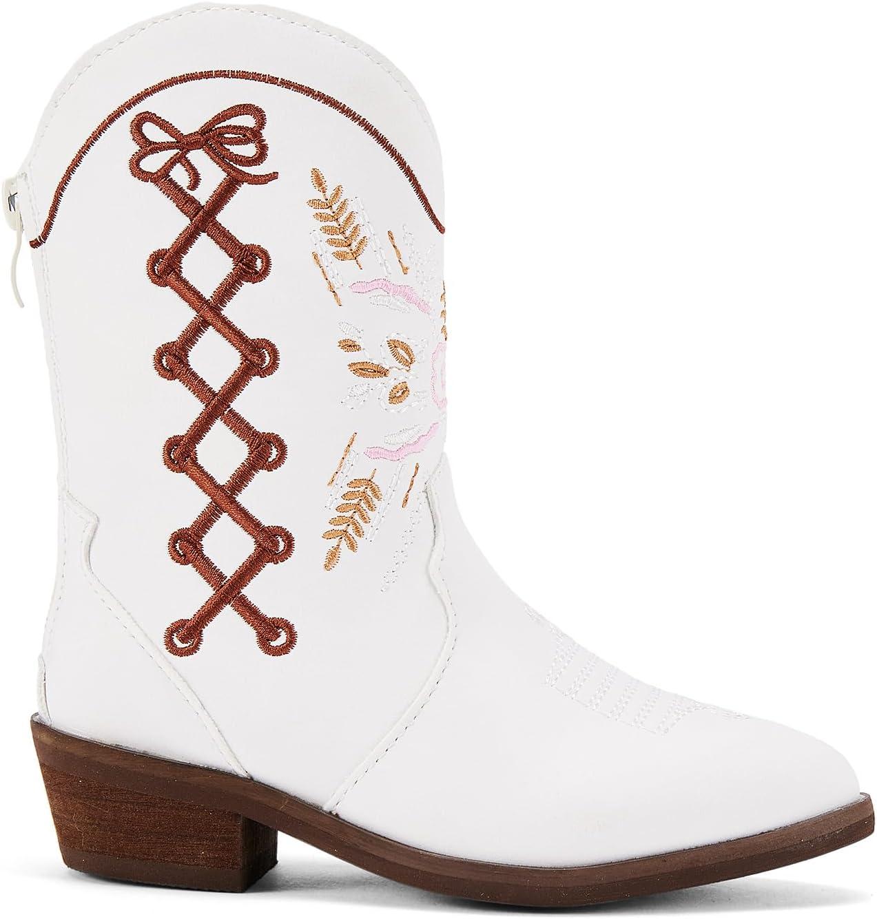 imageBMCiTYBM Toddler Little Girls Cowboy Cowgirl Boots Kids Pointed Toe Western Boots Mid Calf Side Zipper Riding Shoes for All Seasons ToddlerLittle KidBwhite