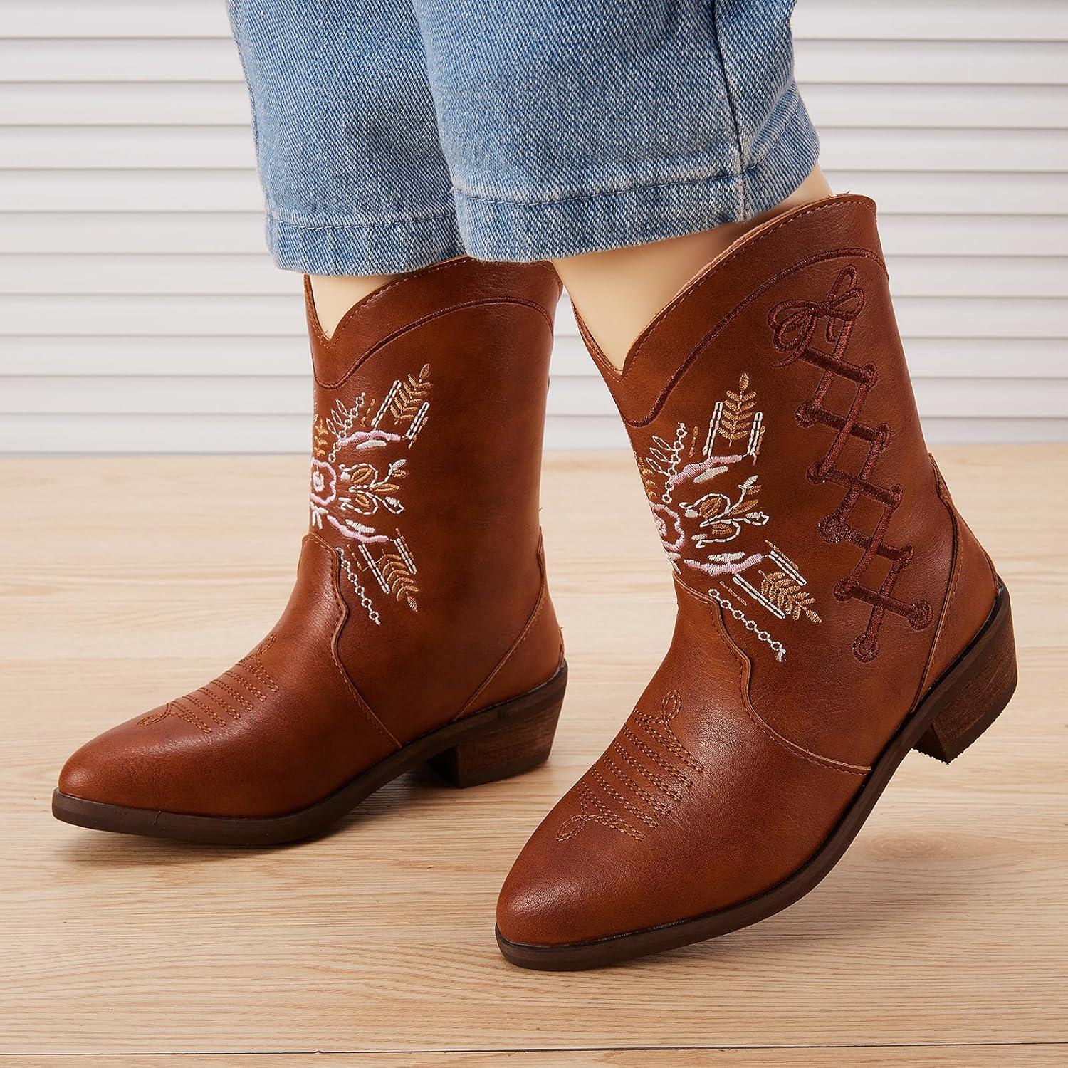 imageBMCiTYBM Toddler Little Girls Cowboy Cowgirl Boots Kids Pointed Toe Western Boots Mid Calf Side Zipper Riding Shoes for All Seasons ToddlerLittle KidBbrown