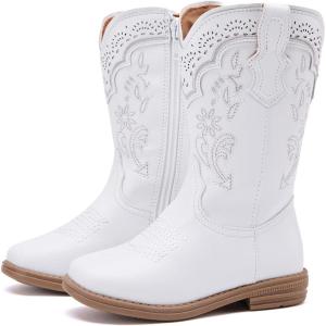 imageBMCiTYBM Toddler Girl Boy Cowboy Cowgirl Boots Little Kids Square Toe Western Boots Mid Calf Side Zipper Riding Shoes for All SeasonsAwhite