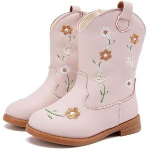 imageBMCiTYBM Toddler Girls Cowgirl Boots Little Kids Mid Calf Western Flower Cowboy Pointed Toe Riding Shoes All Season1pink