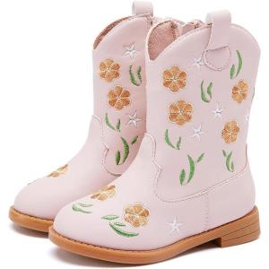 imageBMCiTYBM Toddler Girls Cowgirl Boots Little Kids Mid Calf Western Flower Cowboy Pointed Toe Riding Shoes All Season2pink