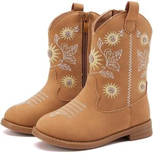 imageBMCiTYBM Toddler Girls Cowgirl Boots Little Kids Mid Calf Western Flower Cowboy Pointed Toe Riding Shoes All Season3brown