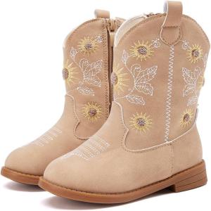 imageBMCiTYBM Toddler Girls Cowgirl Boots Little Kids Mid Calf Western Flower Cowboy Pointed Toe Riding Shoes All Season3camel