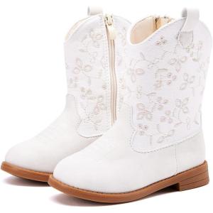 imageBMCiTYBM Toddler Girls Cowgirl Boots Little Kids Mid Calf Western Flower Cowboy Pointed Toe Riding Shoes All Season4white