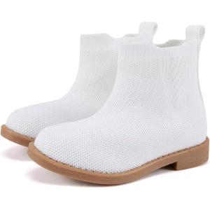 imageBMCiTYBM Toddler Girls Ankle Boots Low Heel Knitting Sock Short Chelsea Breathable Mesh Slip On Booties Dress Shoes All SeasonWhite
