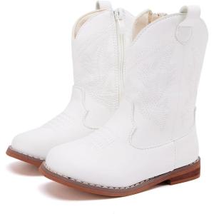 imageBMCiTYBM Toddler Cowboy Boots Western Cowgirl Boots Boys Girls Mid Calf Square Toe Riding Walking ShoesAwhite