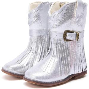 imageBMCiTYBM Toddler Cowboy Boots Western Cowgirl Boots Boys Girls Mid Calf Square Toe Riding Walking ShoesBsilver