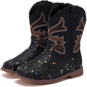 imageBMCiTYBM Toddler Cowboy Boots Western Cowgirl Boots Boys Girls Mid Calf Square Toe Riding Walking ShoesCblack