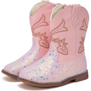 imageBMCiTYBM Toddler Cowboy Boots Western Cowgirl Boots Boys Girls Mid Calf Square Toe Riding Walking ShoesCpink