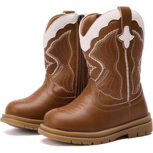 imageBMCiTYBM Toddler Cowboy Cowgirl Boots Boys Girls Western Round Toe Riding Mid Calf Booties for All SeasonsToddlerLittle KidBbrown