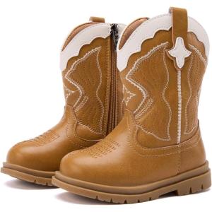 imageBMCiTYBM Toddler Cowboy Cowgirl Boots Boys Girls Western Round Toe Riding Mid Calf Booties for All SeasonsToddlerLittle KidBcamel