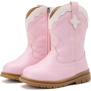 imageBMCiTYBM Toddler Cowboy Cowgirl Boots Boys Girls Western Round Toe Riding Mid Calf Booties for All SeasonsToddlerLittle KidBpink
