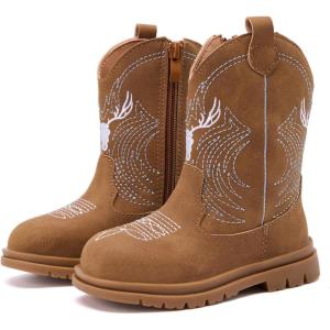 imageBMCiTYBM Toddler Cowboy Cowgirl Boots Boys Girls Western Round Toe Riding Mid Calf Booties for All SeasonsToddlerLittle KidCbrown